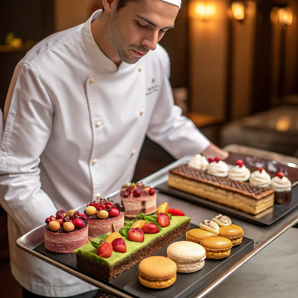 Pastry chef with desserts